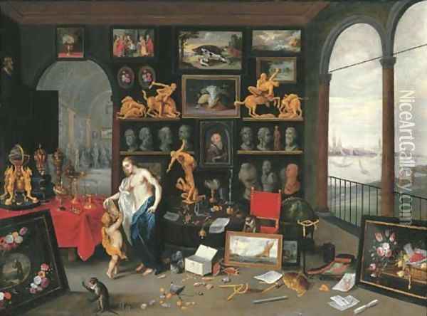 An Allegory of Sight a collector's cabinet, a view of Antwerp beyond Oil Painting - Jan van Kessel