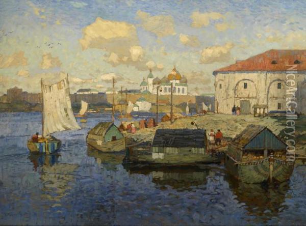 Old Novgorod. Barges Oil Painting - Konstantin Ivanovich Gorbatov