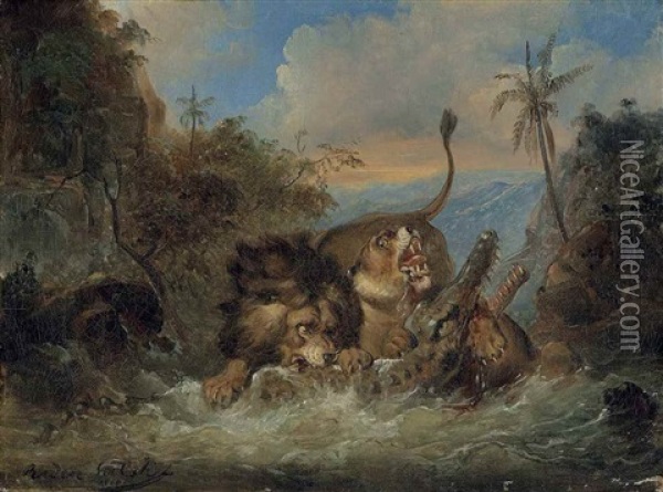 A Lion And Lioness Attacking A Crocodile Oil Painting - Raden Saleh Sarief Bustaman