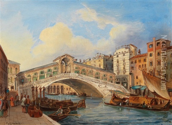 The Rialto Bridge On The The Grand Canal In Venice Oil Painting - Carlo Grubacs