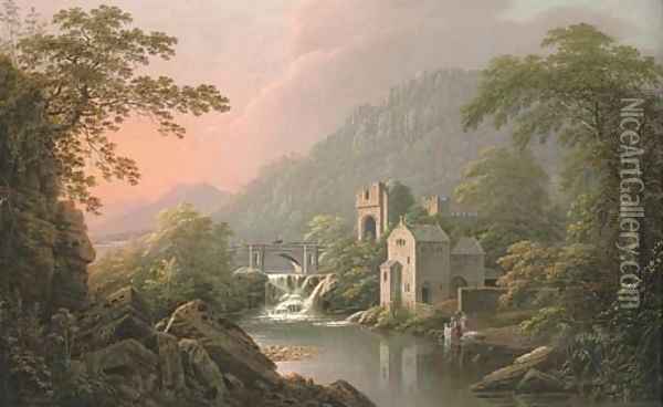 A river landscape, probably the banks of the River Swale, North Yorkshire, with a castle by a weir and washerwomen by a boat house Oil Painting - George Cuitt