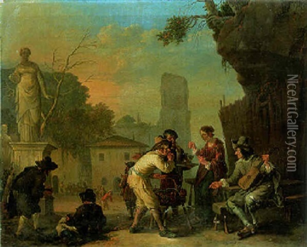 Woman Playing A Game With A Baker At A Tavern In A Piazza Oil Painting - Johannes Lingelbach