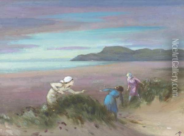 Three Children Playing In The Sanddunes Oil Painting - George William, A.E. Russell