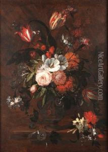 Roses, Carnations, Tulips, 
Narcissi And Other Flowers In An Earthenware Vase On A Table Top Oil Painting - Jasper van der Lanen
