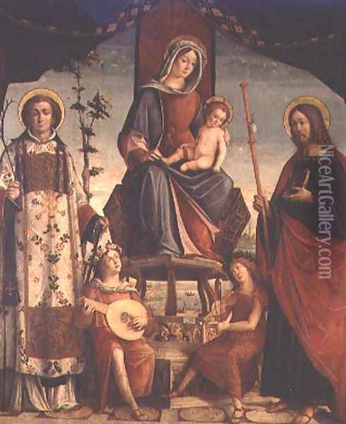 Madonna and Child with SS.James The Greater and Lawrence Oil Painting - Baldassare di Matteo, the Younger Carrari