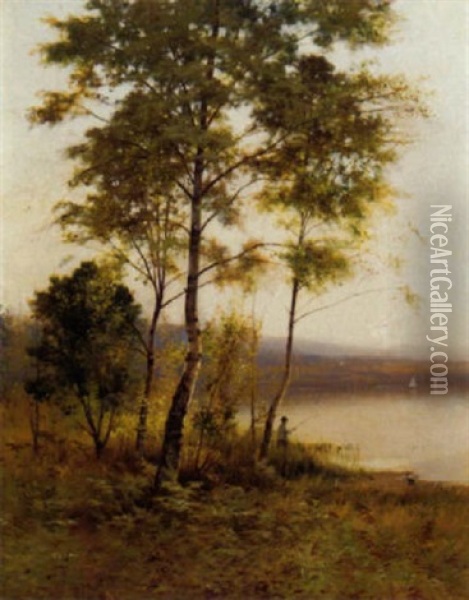 An Angler In A Wooded Lake Landscape Oil Painting - Ernest Parton
