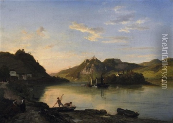 Abendstimmung Vor Der Insel Nonnenwerth Am Rhein. Am Wasser Fischerjungen In Ihren Booten Oil Painting - Wilhelm Klein