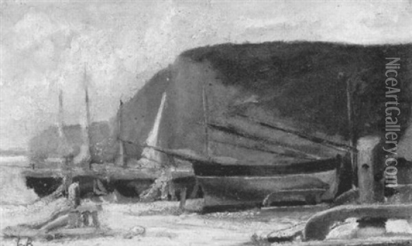 Boote Am Ufer Eines Sees Oil Painting - Louis Rheiner