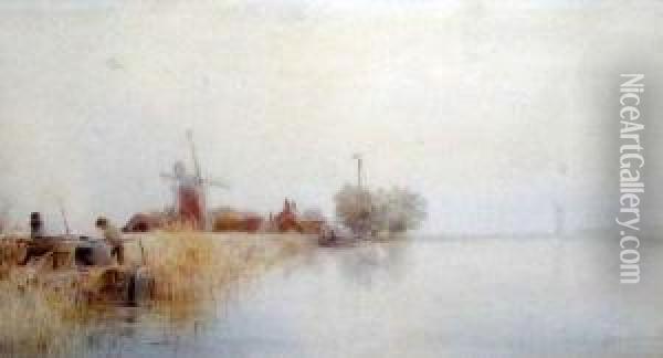 Broads Scene With Fishermen And Windmill To Distance Oil Painting - Marshall John Miller