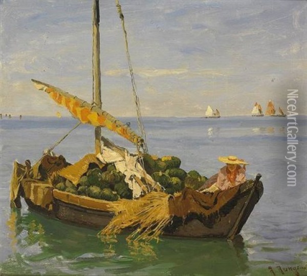 Venezianische Lagune Mit Schiffen, Im Vordergrund Handlerin Mit Melonen Im Boot Oil Painting - Julius Friedrich Ludwig Runge