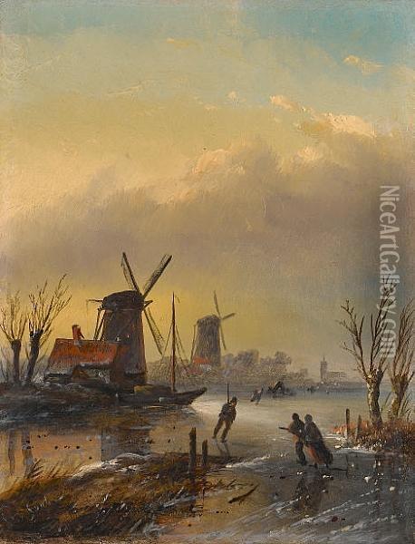 Figures On A Dutch Frozen Waterway Oil Painting - Jan Jacob Coenraad Spohler