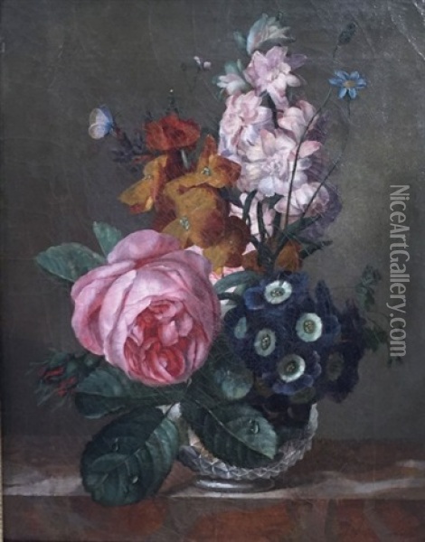 Bouquet De Fleurs Avec Un Papillon Dans Un Vase En Cristal Taille Oil Painting - Jean Ulrich Tournier