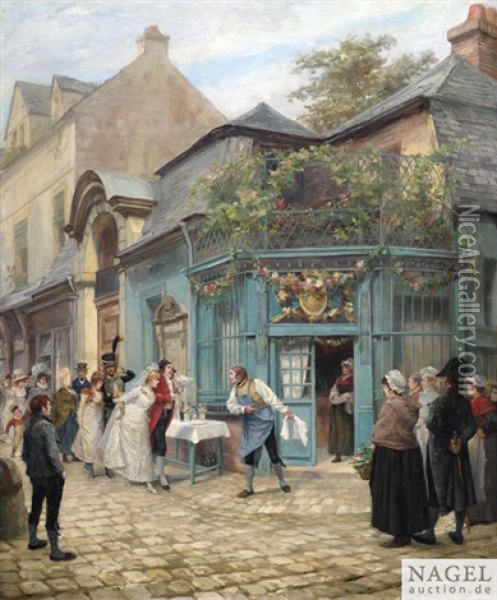 In Der Altstadt Wird Eine Hochzeitsgesellschaft Vor Dem Restaurant Vom Gastwirt Empfangen Oil Painting - Georges Jules Auguste Cain