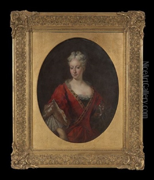 Oval Half-length Portrait Of A Lady In A Crimson Dress Oil Painting - Nicolas de Largilliere