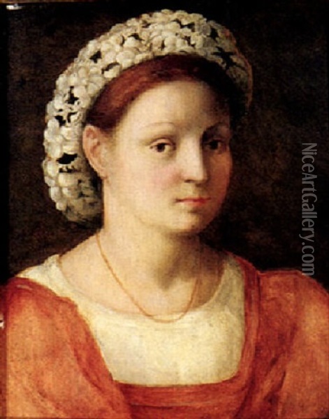 Portrait Of A Lady, Head And Shoulders, With A Garland Of Flowers In Her Hair Oil Painting - Domenico Puligo