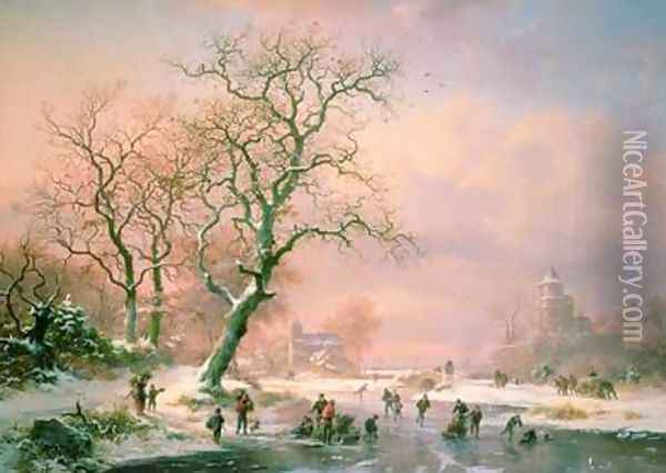 Skaters on a Frozen River Oil Painting - Frederick Marianus Kruseman