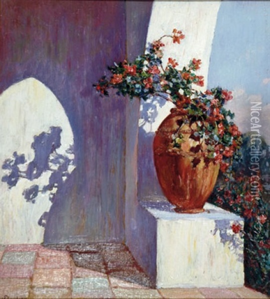 Patio With Large Vase (magazine Cover Illus. For January 1931 Issue Of House And Garden) Oil Painting - Louis Floutier