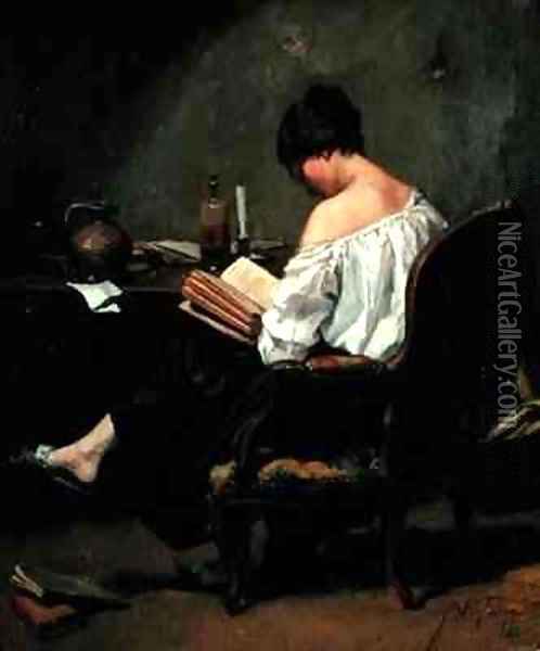 Girl Reading by Candlelight Oil Painting - Andre Fontaine