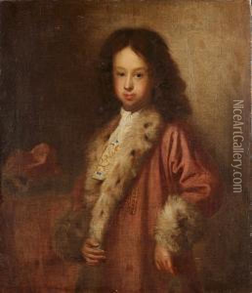 Portrait Of A Young Man, 
Three-quarter-length, In A Pink Fur-trimmed Coat And A White Embroidered
 Cravat Oil Painting - Sebastiano Bombelli