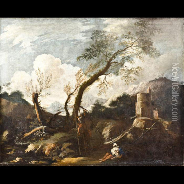 Paesaggio Con Figure E Torrione Sullo Sfondo Oil Painting - Bartolomeo Torreggiani