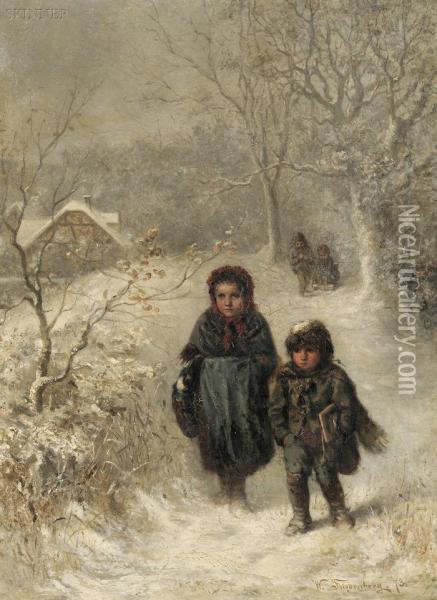 Children Walking In A Snowy Landscape Oil Painting - Wilhelm Friedenberg