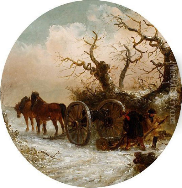 Woodsmen And Horses Moving A Tree Trunk In Asnowy Landscape Oil Painting - Thomas Smythe