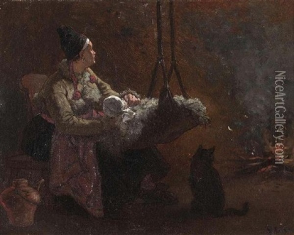Mutter Mit Kind Am Feuer Oil Painting - Frederic Theodore Lix