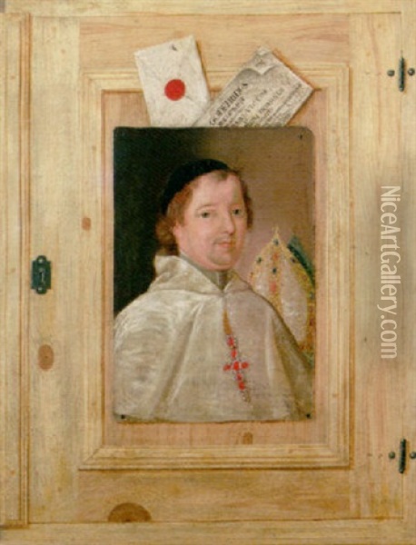 A Trompe L'oeil: Portrait Of Bishop Godefridus With An Envelope And A Document Attached To A Wooden Closet-door Oil Painting - Cornelis Norbertus Gysbrechts