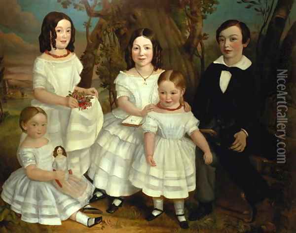 Portrait of a boy and his four sisters 1830 Oil Painting - John Giles Eccard
