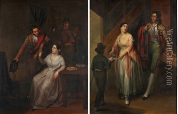 Interiores Costumbristas (pair) Oil Painting - Angel Maria Cortellini Y Hernandez