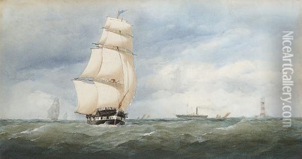 Passing The Eddystone Lighthouse Under Full Sail Oil Painting - Charles, Taylor Snr.