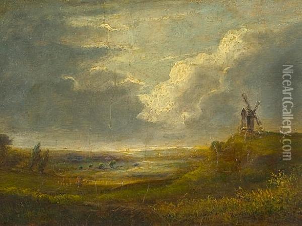 Extensive Country Landscape With Windmill And Figures Oil Painting - Edmund John Niemann, Snr.
