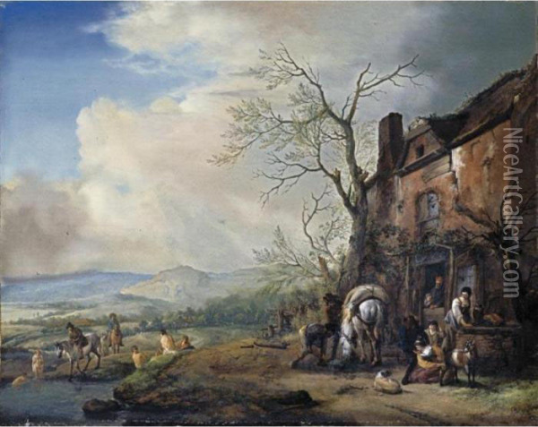 Landscape With Peasants By A 
Cottage, A Pack-horse Being Fed, And Bathers By A Stream Beyond Oil Painting - Pieter Wouwermans or Wouwerman