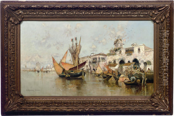 A Busy Day On The Venetian Lagoon Oil Painting - Egisto Massoni