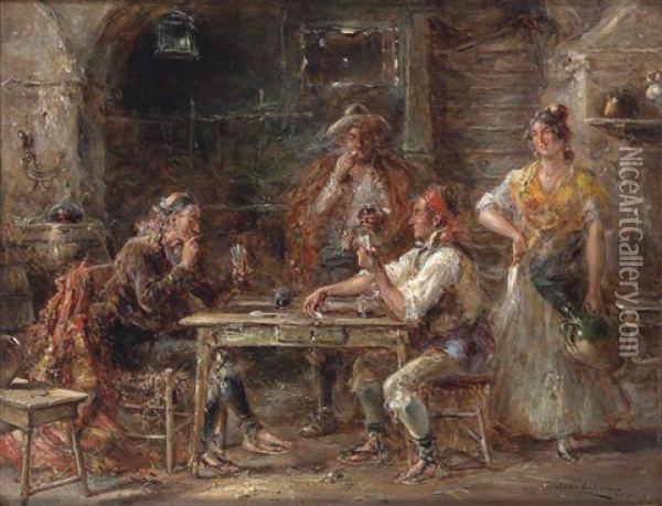 In The Tavern Oil Painting - Juan Pablo Salinas