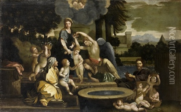 La Sainte Famille En Egypte Dite La Sainte Famille A La Vasque Oil Painting - Sebastien Bourdon