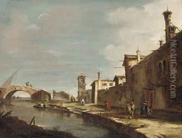 A Venetian canal with figures on a path Oil Painting - Francesco Guardi