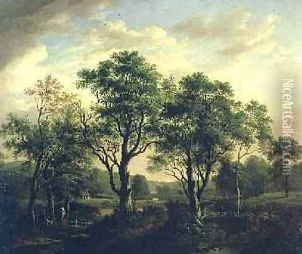 Wooded river landscape with figures and cattle Oil Painting - Alexander Nasmyth