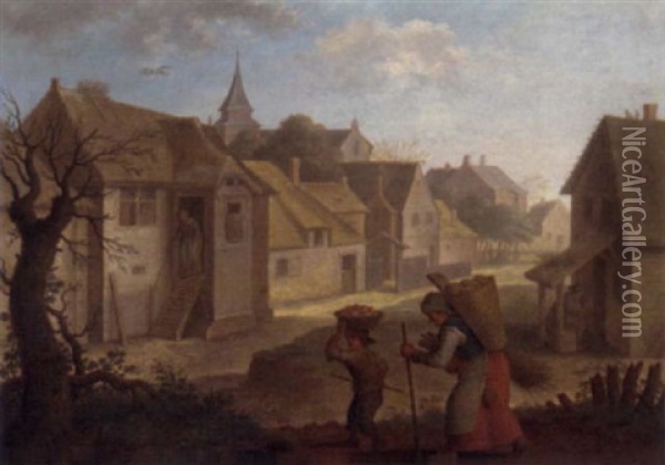 A Village Landscape With A Woman And Her Child On A Path Oil Painting - Francois Eisen