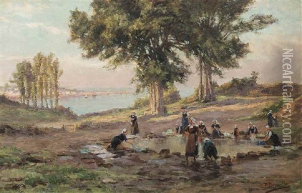 Breton Washerwomen Oil Painting - Theophile-Louis Deyrolle