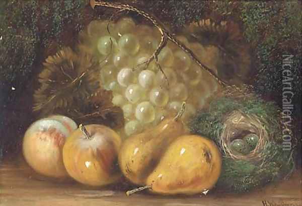 Grapes, apples, pears and a bird's nest on a mossy back; and Another similar Oil Painting - English School