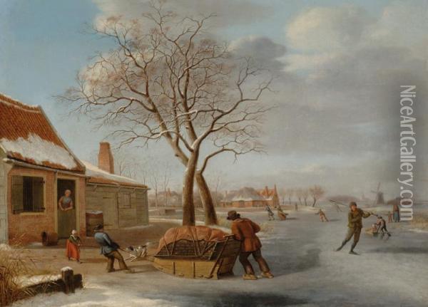 Winter Landscape Withskaters Oil Painting - Johannes Janson