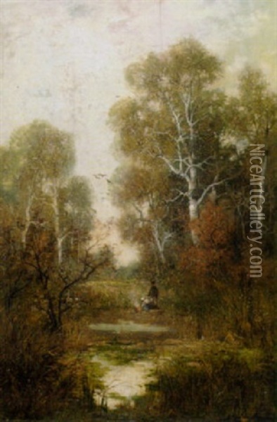 Herbstliche Waldlandschaft Mit Einem Bauernpaar Bei Einem Feuer Am Ufer Des Teiches Oil Painting - Adolf Kaufmann