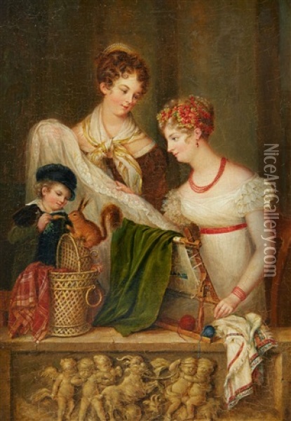 Ladies With Embroidery A Couple Making Music Oil Painting - Marie Latour