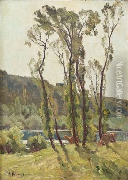 Sommerliche Flusslandchaft Mit Weidenden Kuhen Oil Painting - Armand Balouzet
