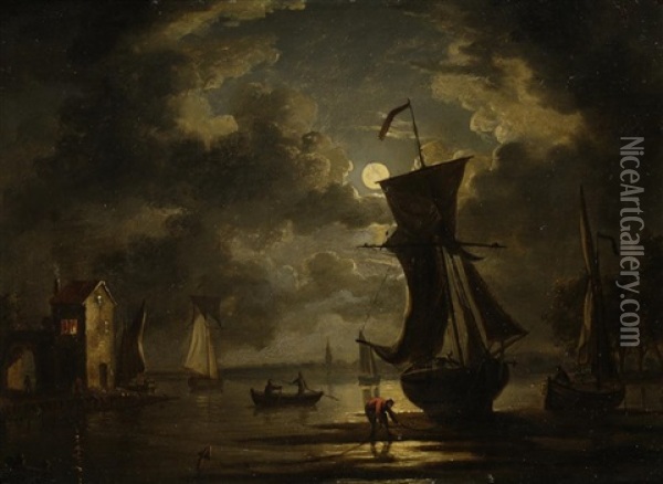 Boats In The Moonlight Oil Painting - Francis Swaine