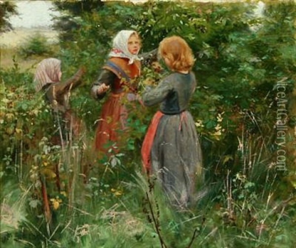 Glade With Girls Blackberrying Oil Painting - Hans Andersen Brendekilde