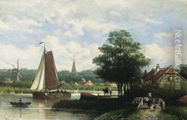 A Sunny River Landscape With Figures On A Path Oil Painting - Johan Adolph Rust
