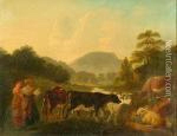 Milkmaids And Cattle In An Extensive Landscape Oil Painting - John Rathbone