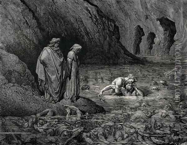 The Inferno, Canto 32, lines 127-129: Not more furiously On Menalippus' temples Tydeus gnaw'd, Than on that skull and on its garbage he. Oil Painting - Gustave Dore